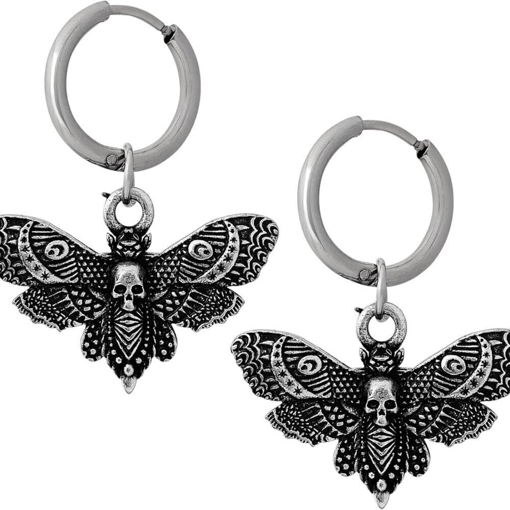 Gothic Zinc Dangle Earrings Skull Moth Memento Mori Jewelry Gift